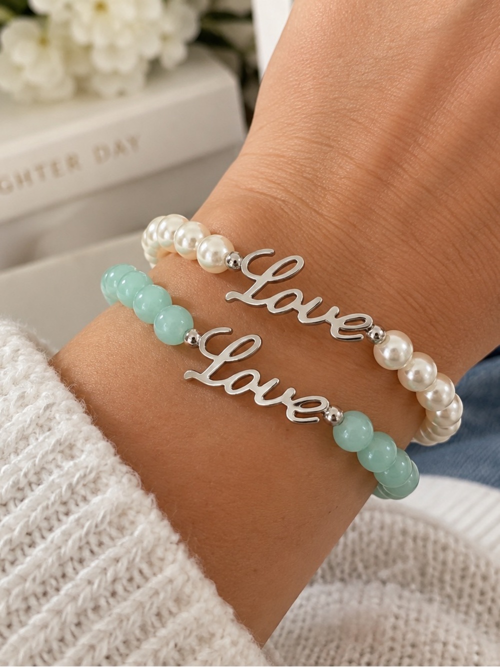 Love Stretch Bracelet Set Faux Pearl & Beads